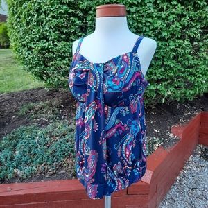 Lands' End Swim Paisley Slimming Blouson Padded Bra Tankini Top 16W Navy Multi